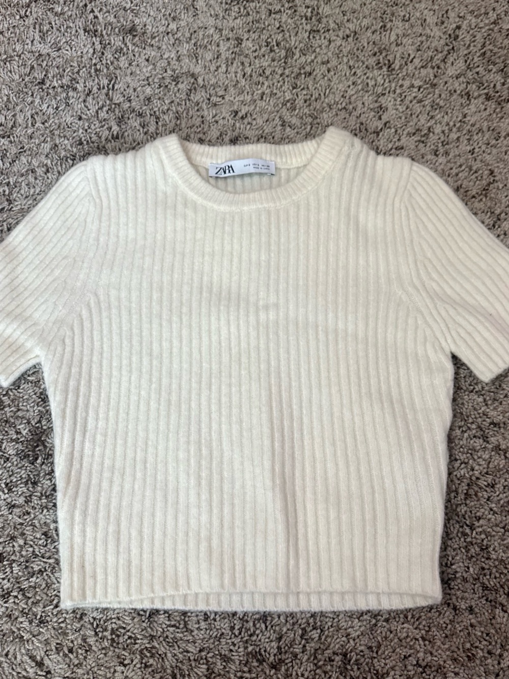 Zara Off-White Ribbed Short-Sleeve Crew Sweater